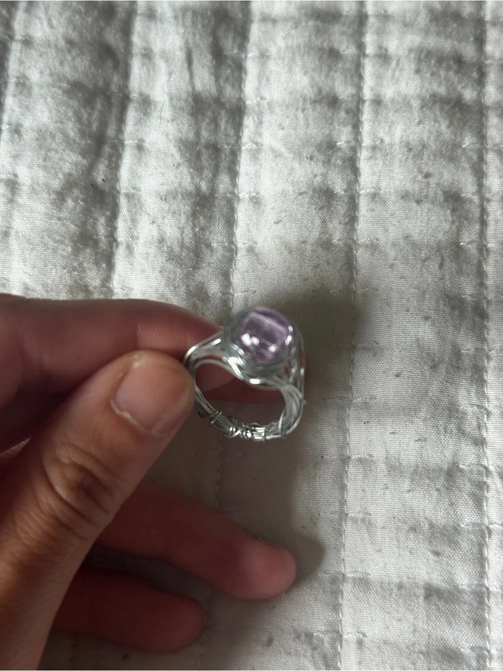 Handmade Silver Wire Wrapped Ring w/ Lilac Purple Glass Bead – Fits Size 6